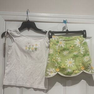 White Floral Top and Green Daisy Skirt Set